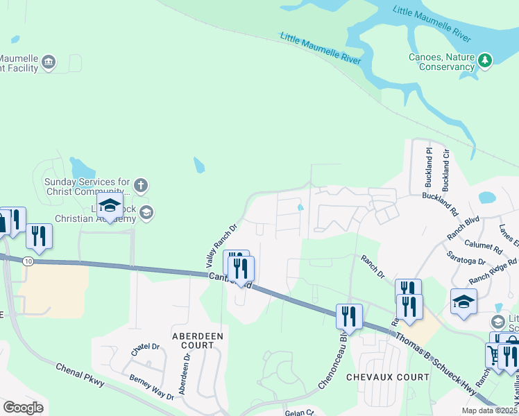 map of restaurants, bars, coffee shops, grocery stores, and more near 6411 Valley Ranch Drive in Little Rock