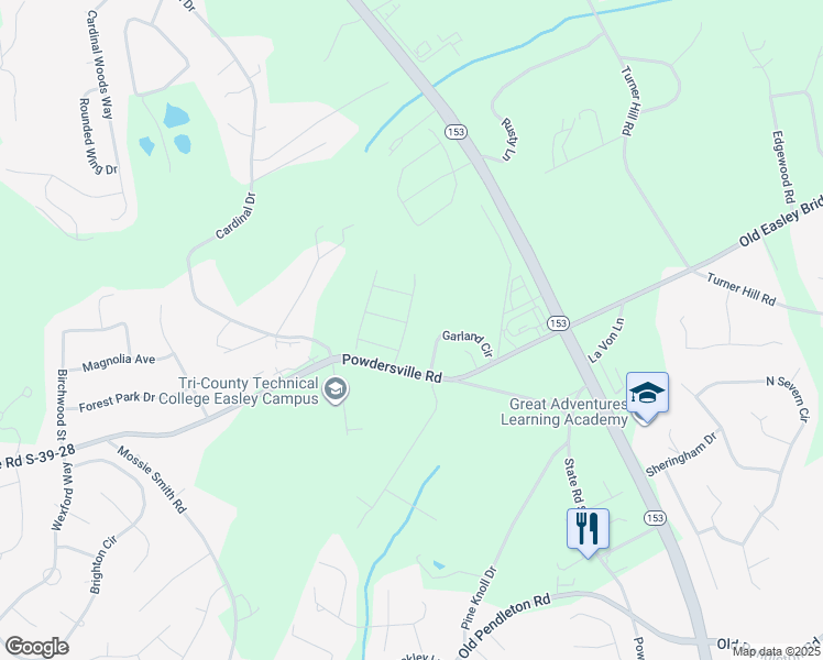 map of restaurants, bars, coffee shops, grocery stores, and more near 112 Garland Circle in Easley