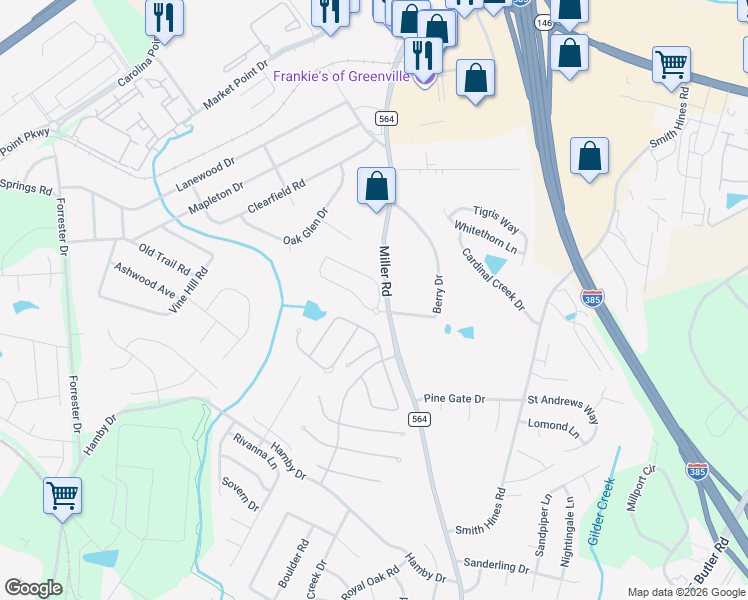 map of restaurants, bars, coffee shops, grocery stores, and more near 1127 Miller Road in Greenville