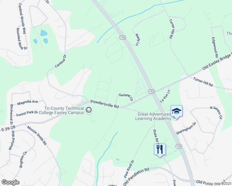 map of restaurants, bars, coffee shops, grocery stores, and more near 117 Garland Circle in Easley