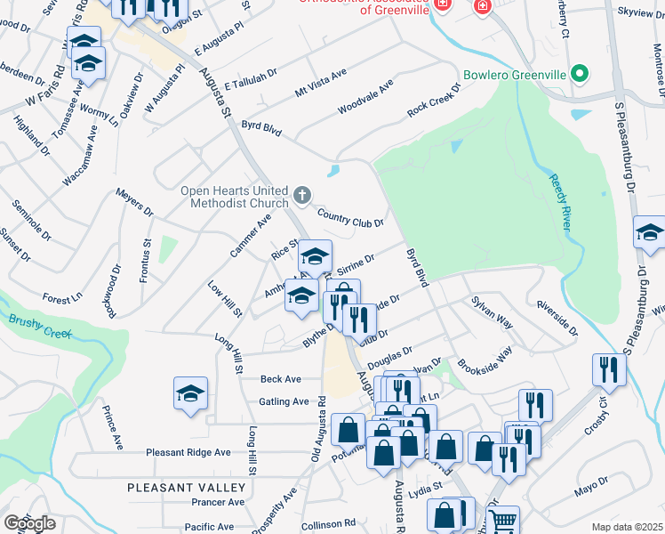 map of restaurants, bars, coffee shops, grocery stores, and more near 2823 Sirrine Drive in Greenville