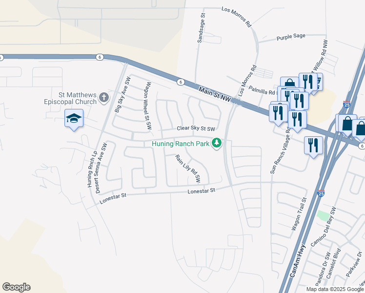 map of restaurants, bars, coffee shops, grocery stores, and more near 3040 Desert Sage Avenue Southwest in Los Lunas