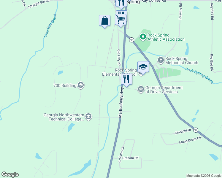 map of restaurants, bars, coffee shops, grocery stores, and more near 1370 Old Highway 27 in Rock Spring