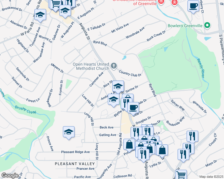 map of restaurants, bars, coffee shops, grocery stores, and more near 12a Amherst Avenue in Greenville