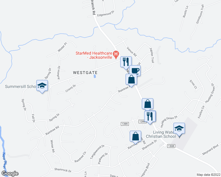 map of restaurants, bars, coffee shops, grocery stores, and more near 222 Foxwood Court in Jacksonville