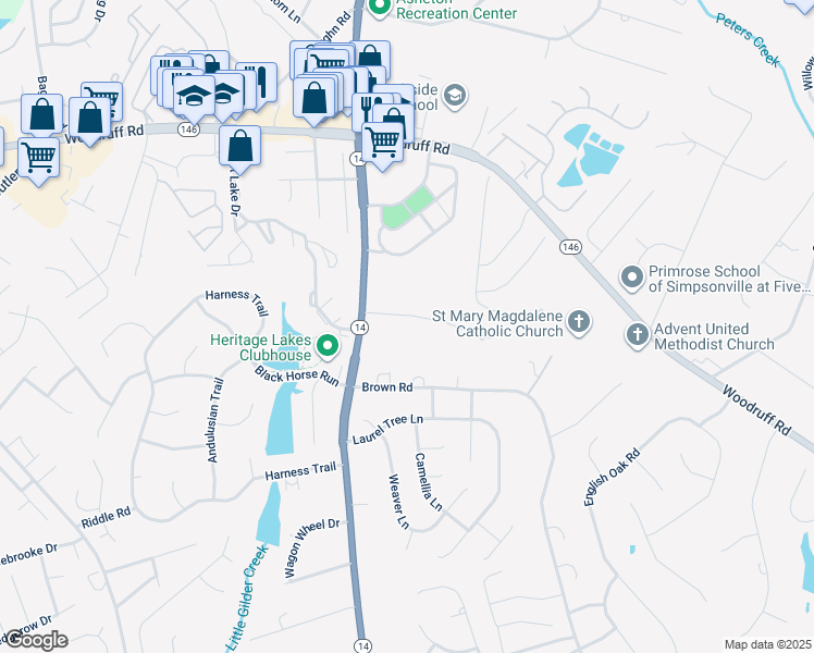 map of restaurants, bars, coffee shops, grocery stores, and more near 104 Heritage Lane in Simpsonville