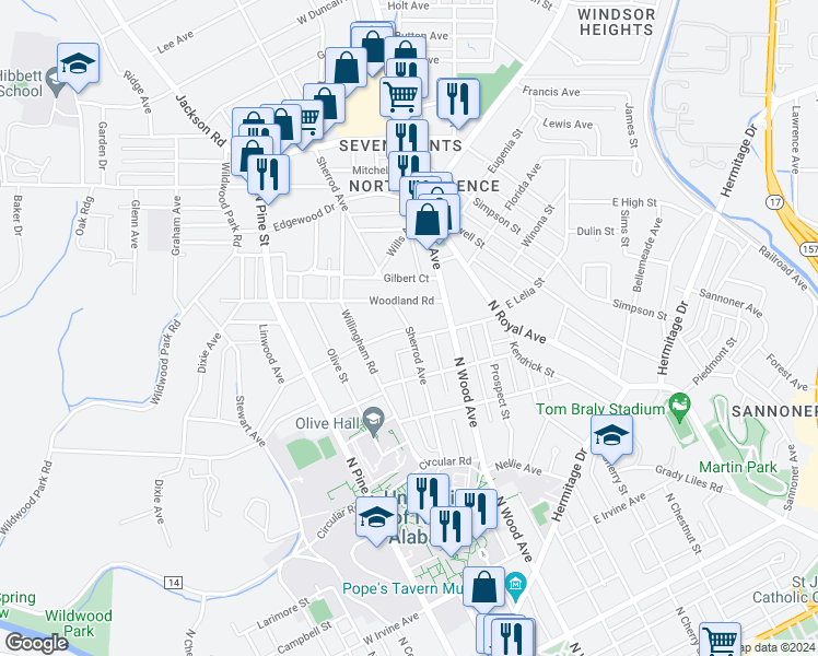 map of restaurants, bars, coffee shops, grocery stores, and more near 1002 Sherrod Avenue in Florence