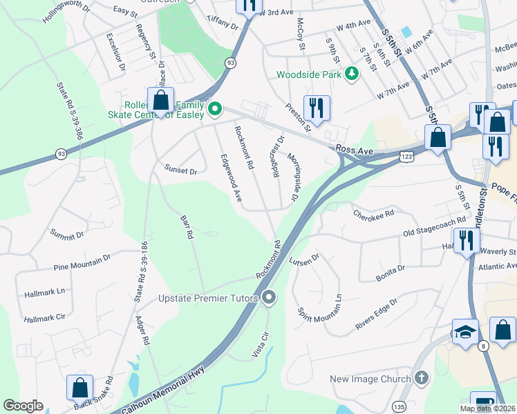 map of restaurants, bars, coffee shops, grocery stores, and more near 200 Rockmont Road in Easley