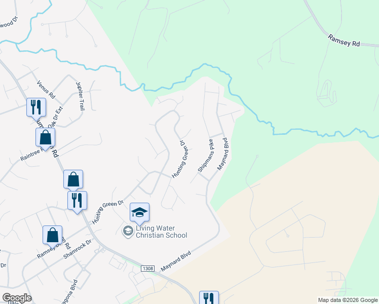 map of restaurants, bars, coffee shops, grocery stores, and more near 419 Hunting Green Drive in Jacksonville