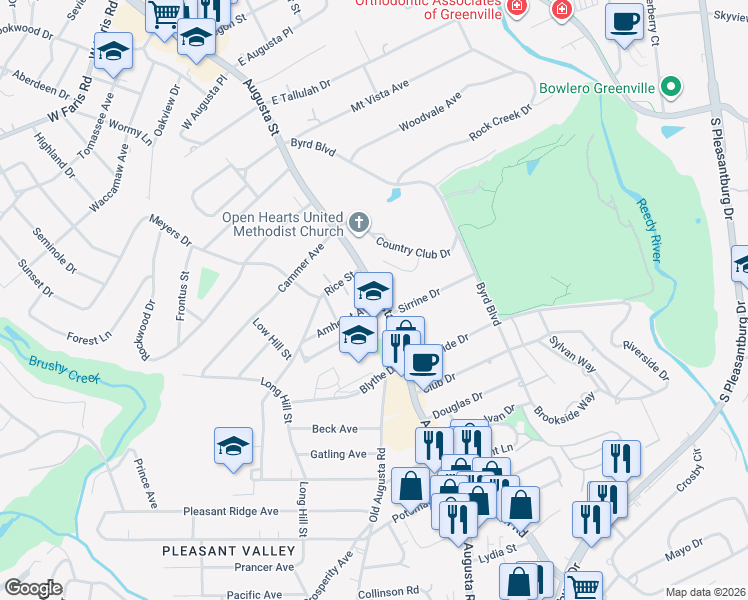 map of restaurants, bars, coffee shops, grocery stores, and more near 2823 Sirrine Drive in Greenville