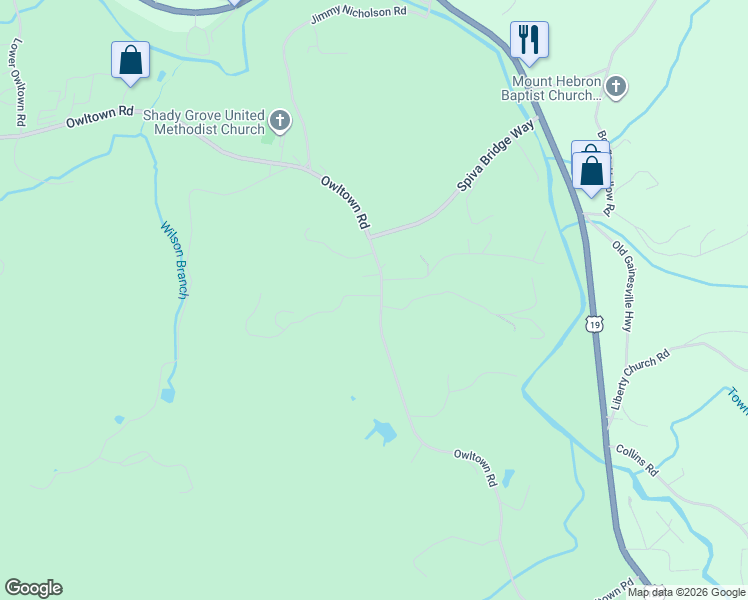 map of restaurants, bars, coffee shops, grocery stores, and more near 1201 Owltown Road in Blairsville