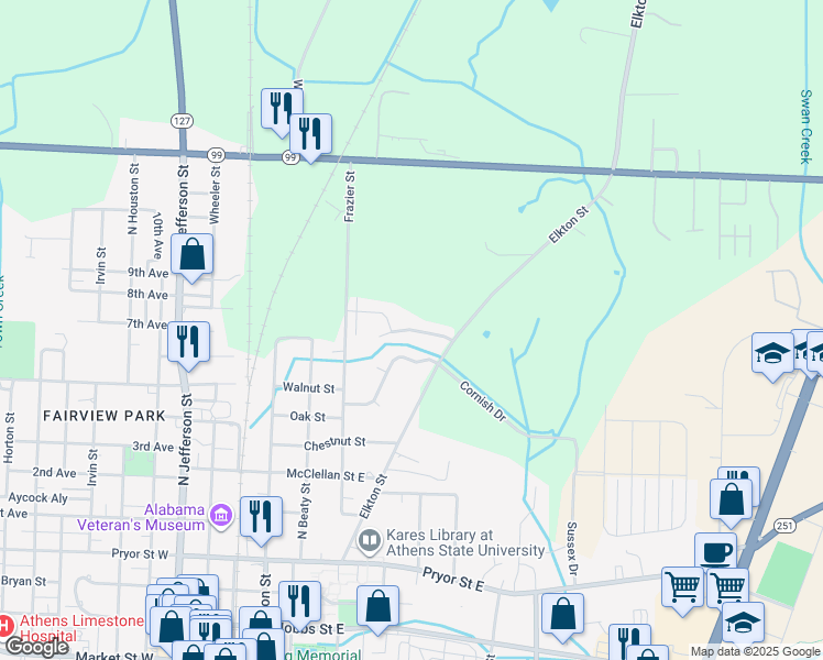 map of restaurants, bars, coffee shops, grocery stores, and more near 20226 Songbird Drive in Athens