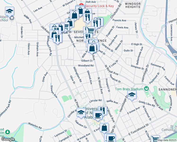 map of restaurants, bars, coffee shops, grocery stores, and more near 129 West Lelia Street in Florence