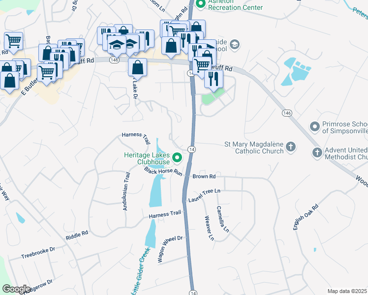 map of restaurants, bars, coffee shops, grocery stores, and more near 2 Forest Lake Drive in Simpsonville