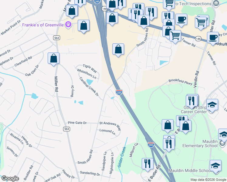 map of restaurants, bars, coffee shops, grocery stores, and more near 19 Fairchild Way in Greenville