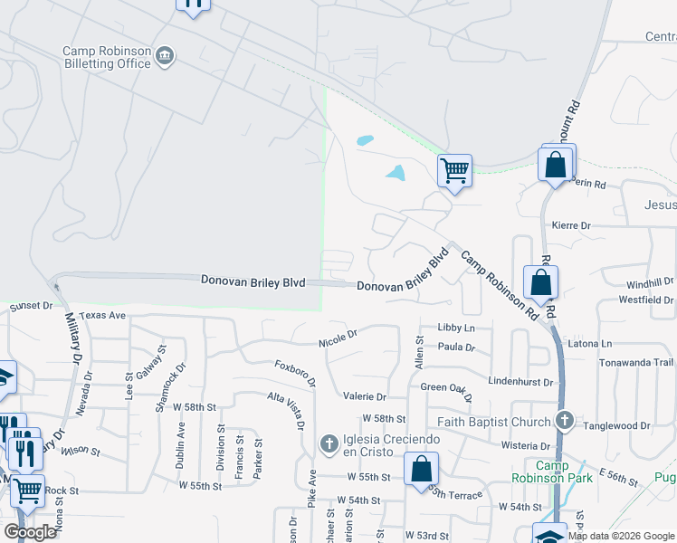 map of restaurants, bars, coffee shops, grocery stores, and more near 1001 Donovan Briley Boulevard in North Little Rock