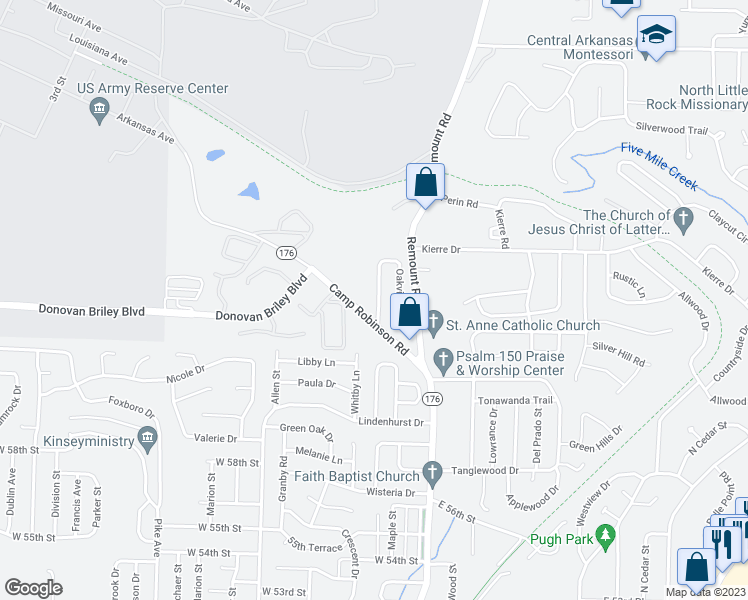 map of restaurants, bars, coffee shops, grocery stores, and more near 54 Oakview Drive in North Little Rock