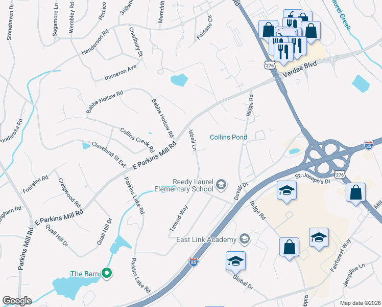 map of restaurants, bars, coffee shops, grocery stores, and more near 34 Isbell Lane in Greenville