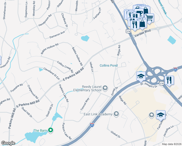 map of restaurants, bars, coffee shops, grocery stores, and more near 34 Isbell Lane in Greenville
