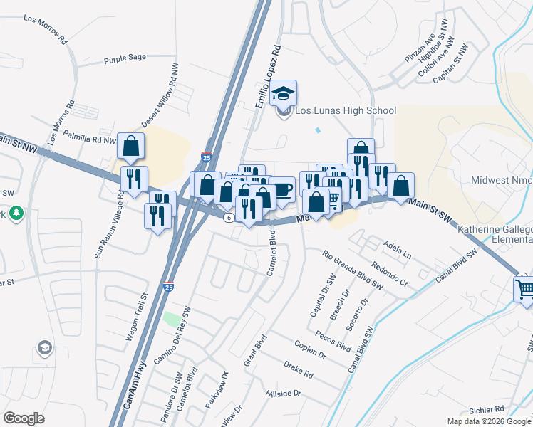 map of restaurants, bars, coffee shops, grocery stores, and more near 10 Camelot Boulevard in Los Lunas