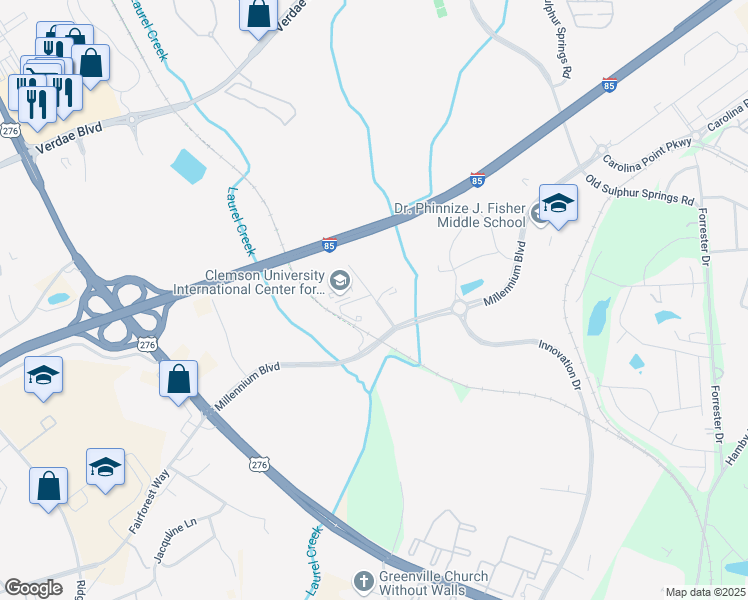 map of restaurants, bars, coffee shops, grocery stores, and more near 5 Research Drive in Greenville