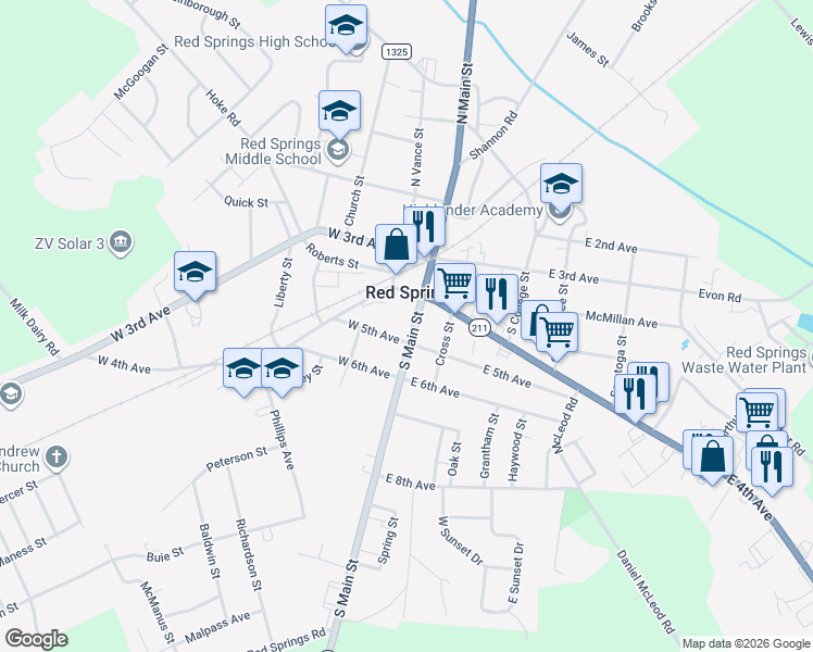 map of restaurants, bars, coffee shops, grocery stores, and more near 230 South Main Street in Red Springs