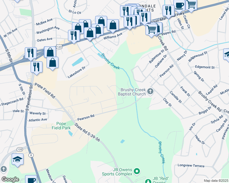 map of restaurants, bars, coffee shops, grocery stores, and more near 494 Pearson Road in Easley