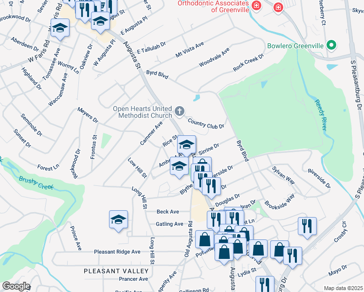 map of restaurants, bars, coffee shops, grocery stores, and more near 12a Amherst Avenue in Greenville
