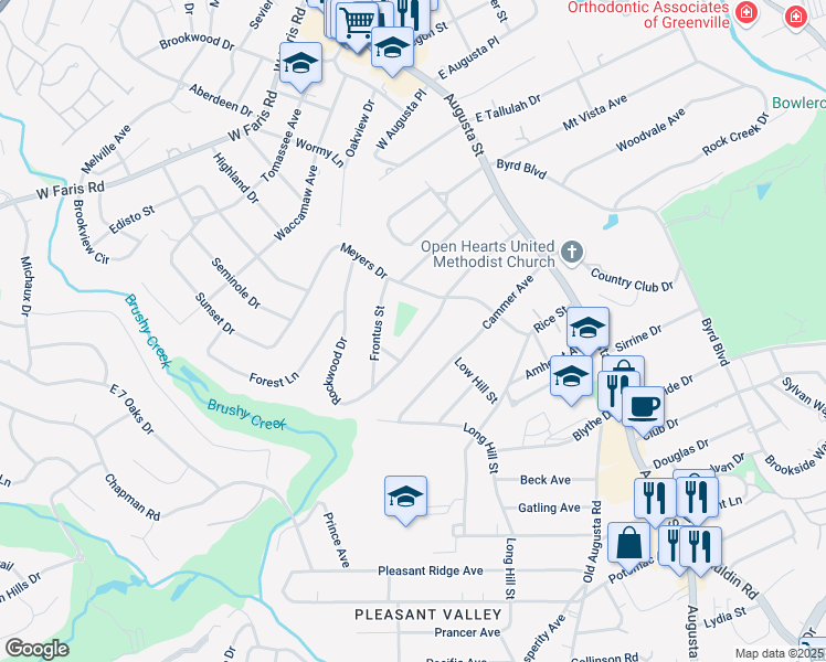 map of restaurants, bars, coffee shops, grocery stores, and more near 129 Rockwood Drive in Greenville