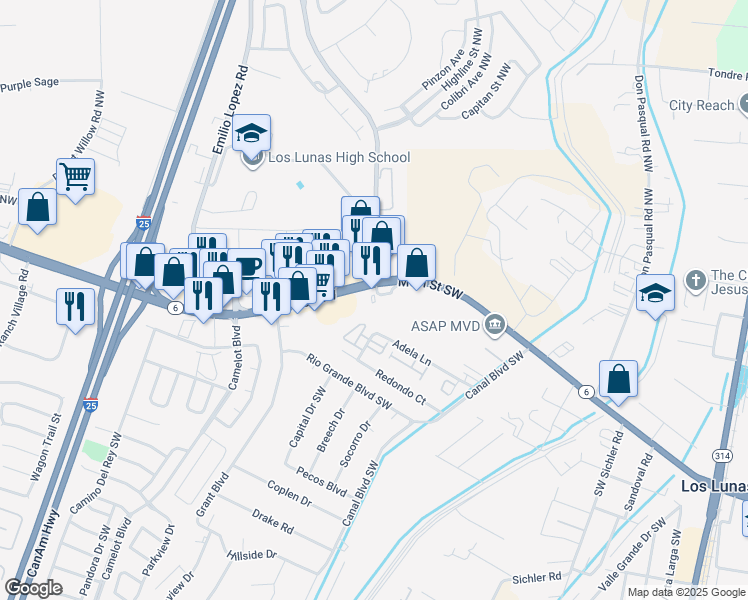 map of restaurants, bars, coffee shops, grocery stores, and more near 1433 West Main Street in Los Lunas