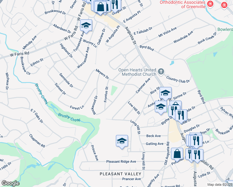 map of restaurants, bars, coffee shops, grocery stores, and more near 129 Rockwood Drive in Greenville