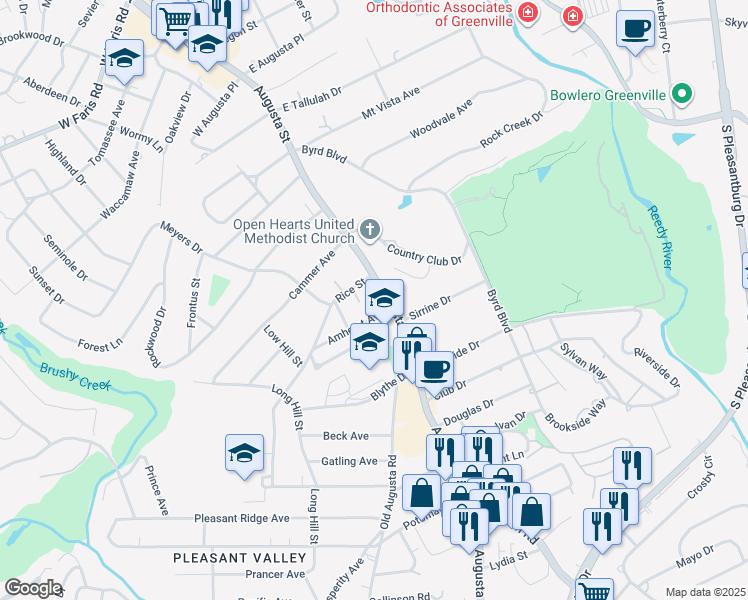 map of restaurants, bars, coffee shops, grocery stores, and more near 12a Amherst Avenue in Greenville