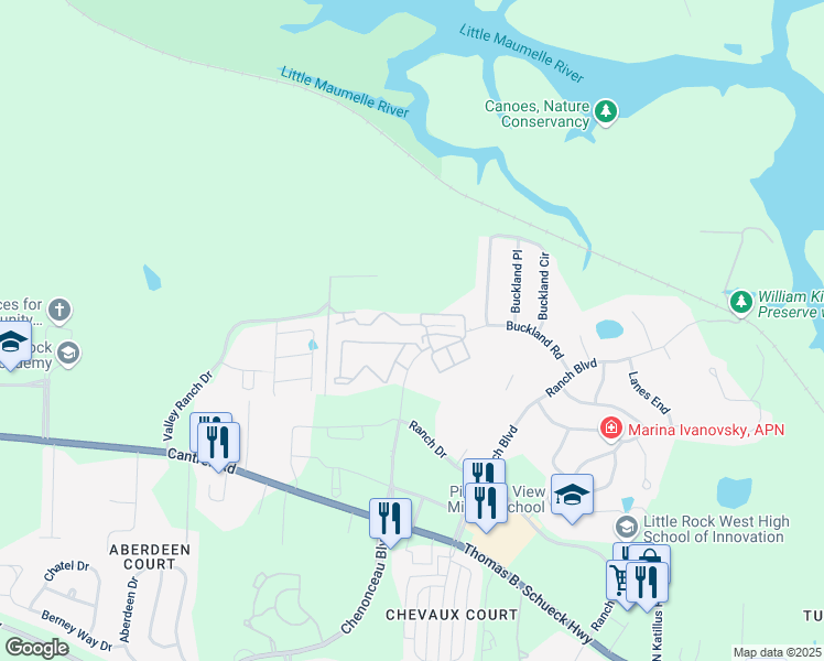 map of restaurants, bars, coffee shops, grocery stores, and more near 1 Ayla Drive in Little Rock