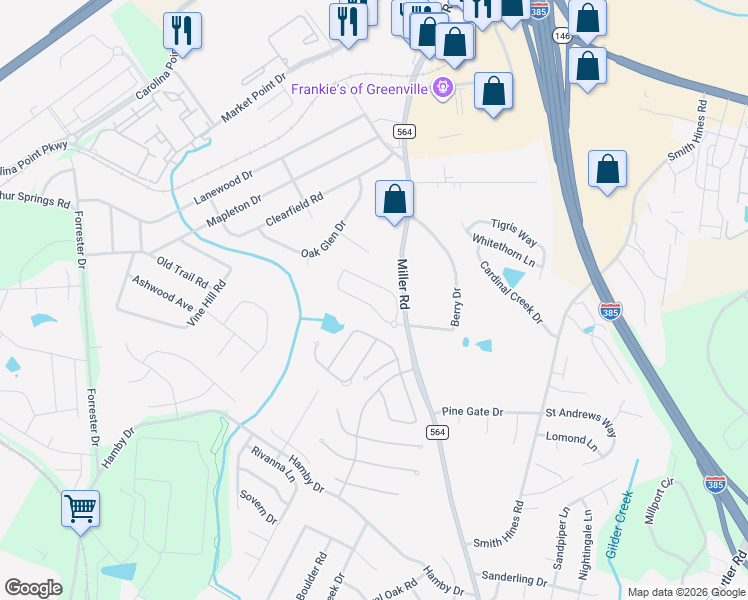 map of restaurants, bars, coffee shops, grocery stores, and more near 1127 Miller Road in Greenville