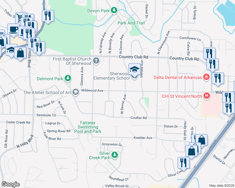 map of restaurants, bars, coffee shops, grocery stores, and more near 512 Beverly Avenue in Sherwood