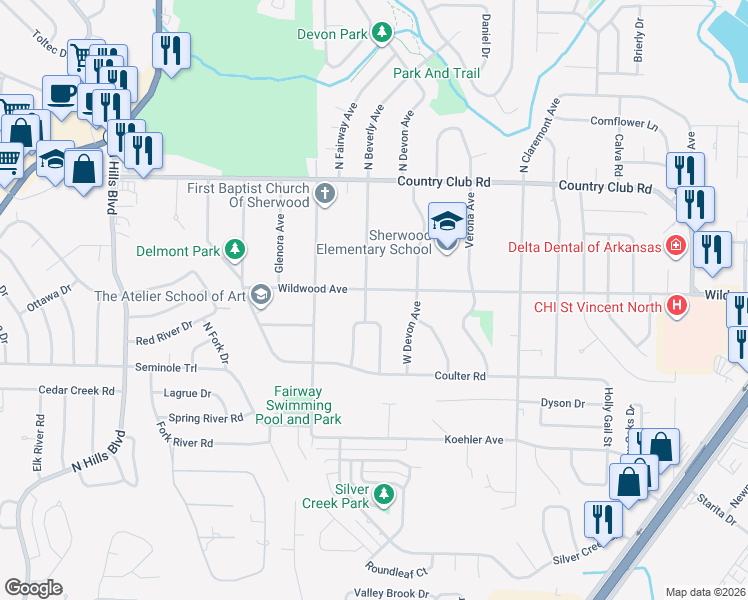 map of restaurants, bars, coffee shops, grocery stores, and more near 512 Beverly Avenue in Sherwood