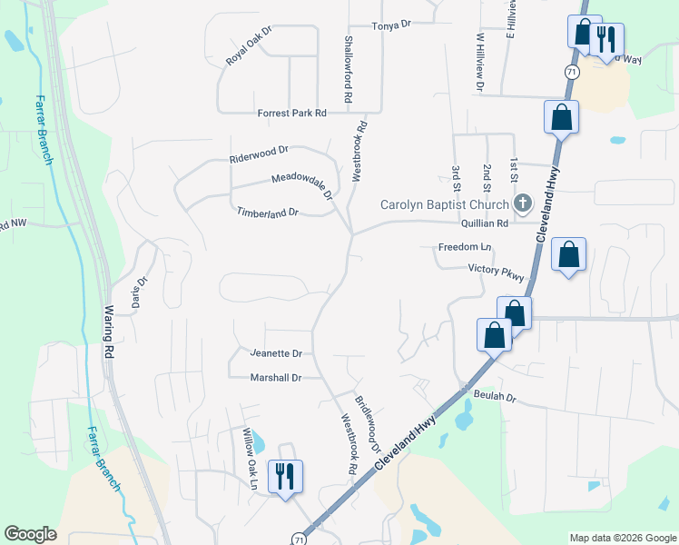 map of restaurants, bars, coffee shops, grocery stores, and more near 435 Westbrook Road in Dalton