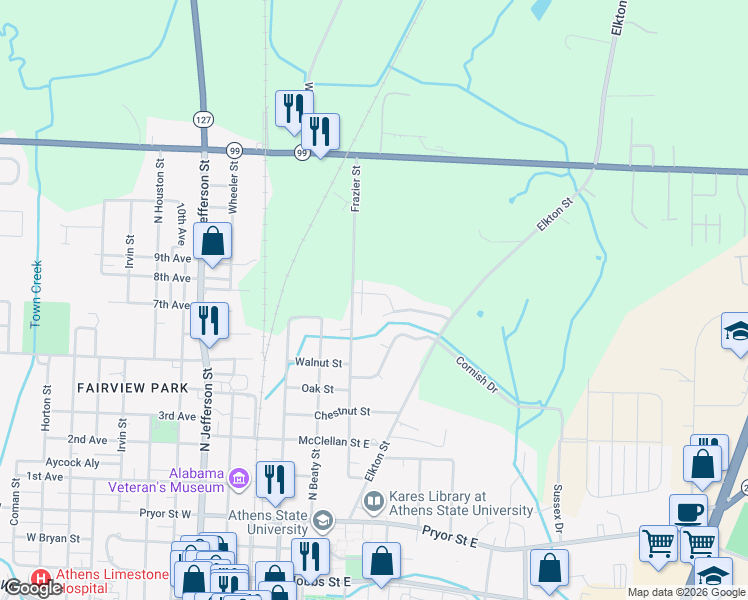 map of restaurants, bars, coffee shops, grocery stores, and more near 20226 Songbird Drive in Athens