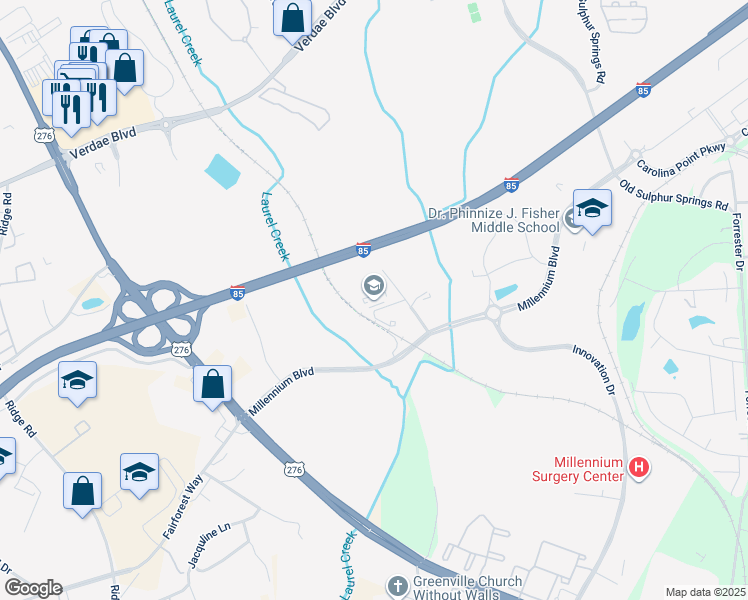 map of restaurants, bars, coffee shops, grocery stores, and more near 5 Research Drive in Greenville