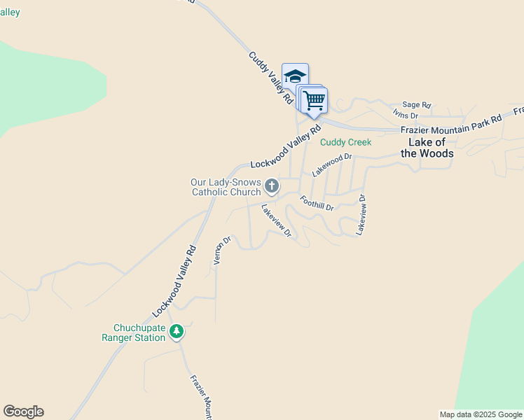 map of restaurants, bars, coffee shops, grocery stores, and more near 7115 Lakewood Drive in Frazier Park