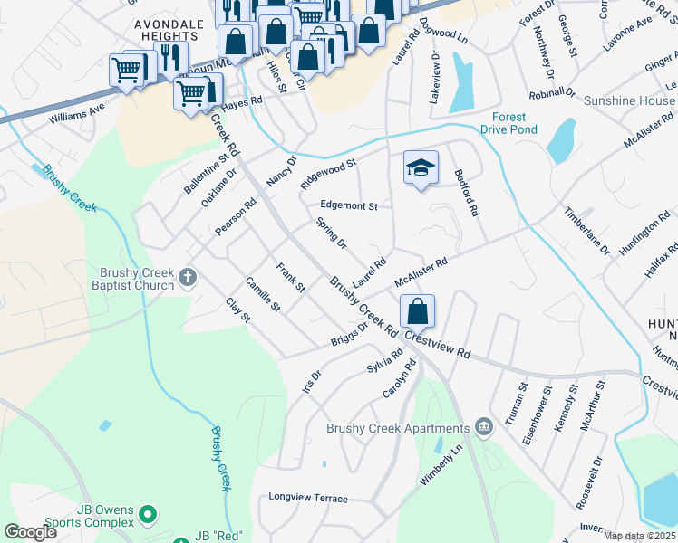 map of restaurants, bars, coffee shops, grocery stores, and more near 206 Spring Drive in Easley