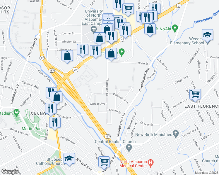 map of restaurants, bars, coffee shops, grocery stores, and more near 518 Thompson Street in Florence