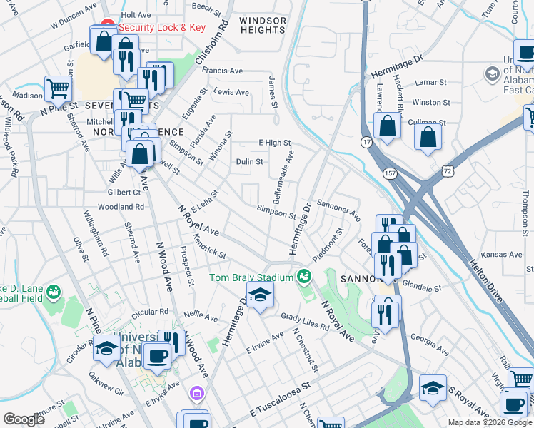 map of restaurants, bars, coffee shops, grocery stores, and more near 668 Simpson Street in Florence