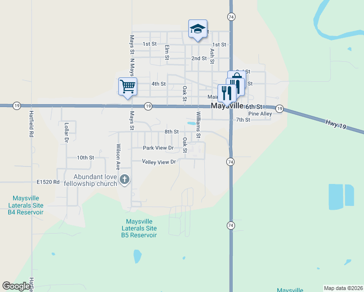 map of restaurants, bars, coffee shops, grocery stores, and more near 804 Oak Street in Maysville