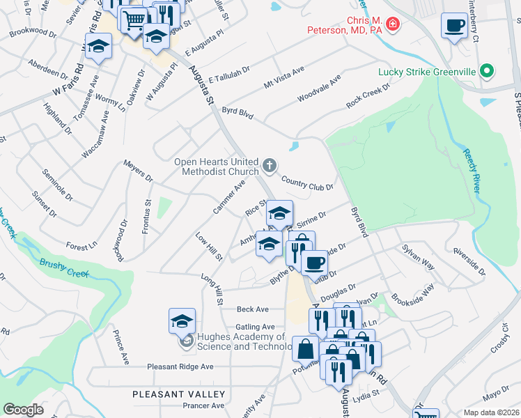 map of restaurants, bars, coffee shops, grocery stores, and more near 2718 Augusta Street in Greenville