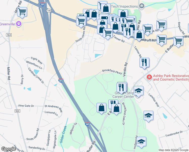 map of restaurants, bars, coffee shops, grocery stores, and more near 651 Brookfield Parkway in Greenville