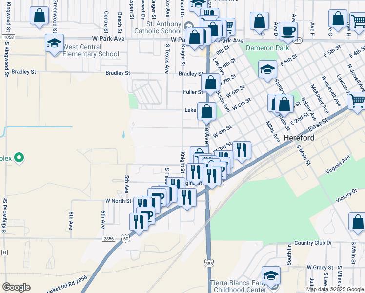 map of restaurants, bars, coffee shops, grocery stores, and more near 401 Knight Street in Hereford
