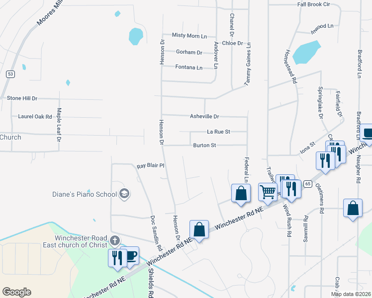 map of restaurants, bars, coffee shops, grocery stores, and more near 108 Burton Street in Huntsville