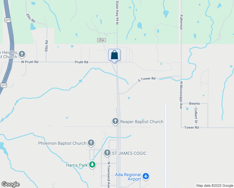 map of restaurants, bars, coffee shops, grocery stores, and more near Broadway in Ada