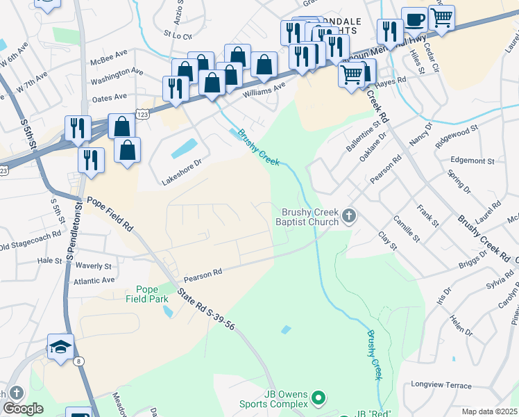 map of restaurants, bars, coffee shops, grocery stores, and more near 215 Brookview Circle in Easley